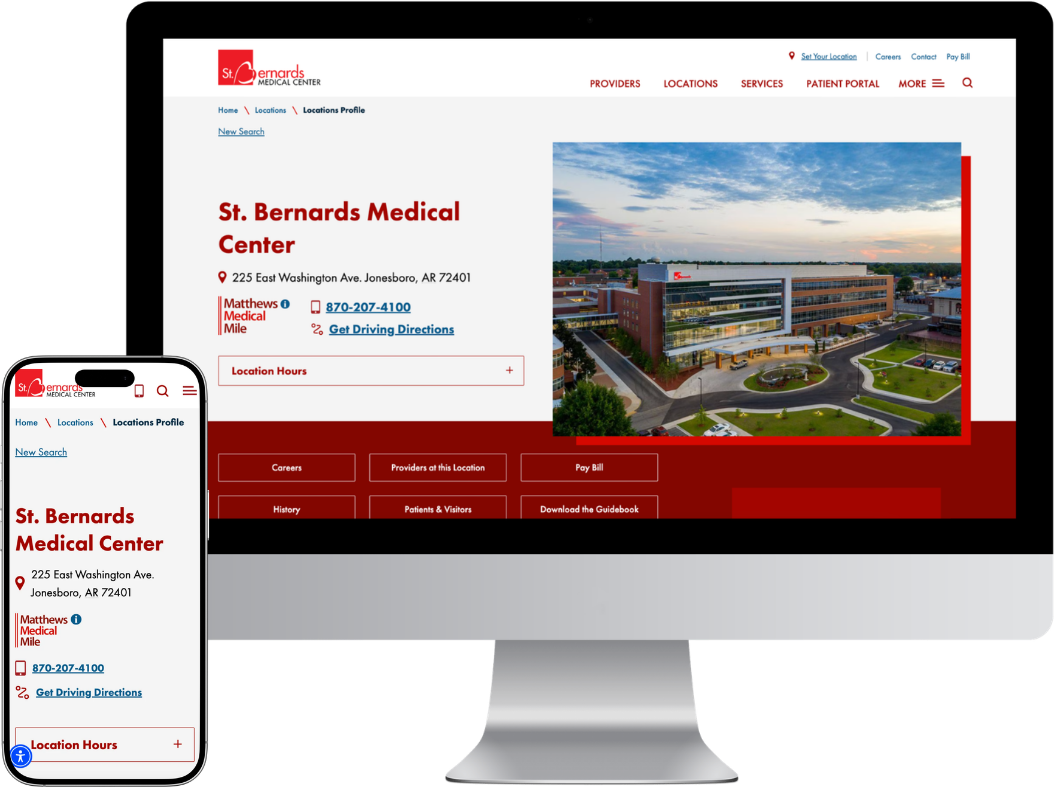 Desktop and mobile mockups of St. Bernards Location Profile page